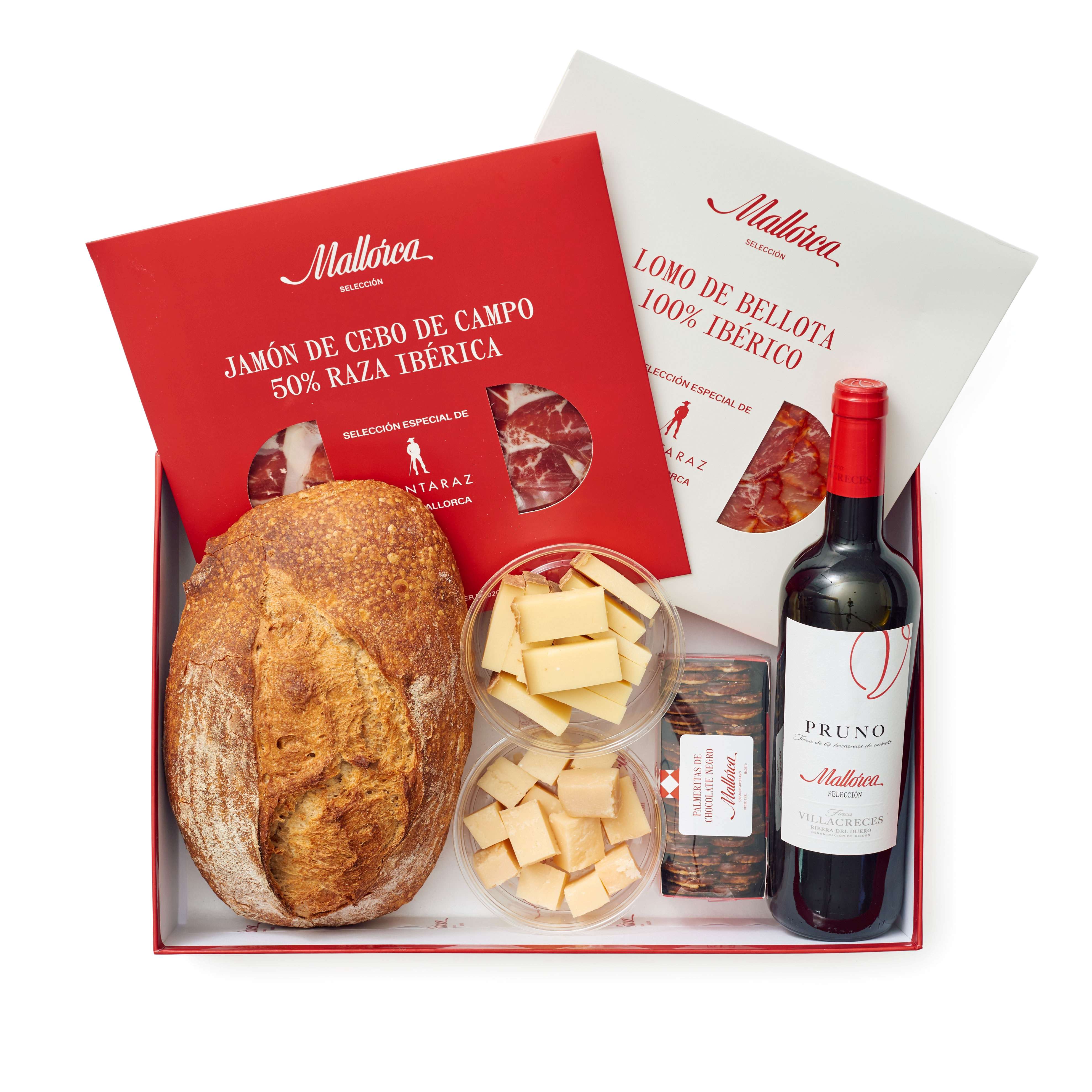 Regalo jamón, queso, pan y vino de Pastelería Mallorca