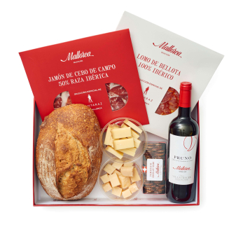 Regalo jamón, queso, pan y vino de Pastelería Mallorca
