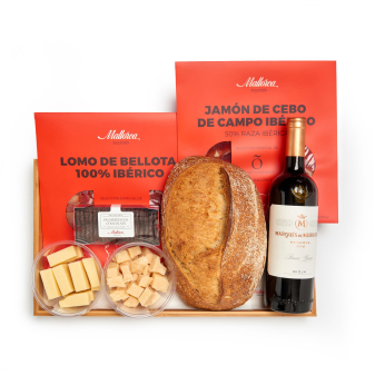 Regalo jamón, queso, pan y vino de Pastelería Mallorca