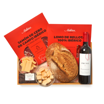 Regalo jamón, queso, pan y vino de Pastelería Mallorca