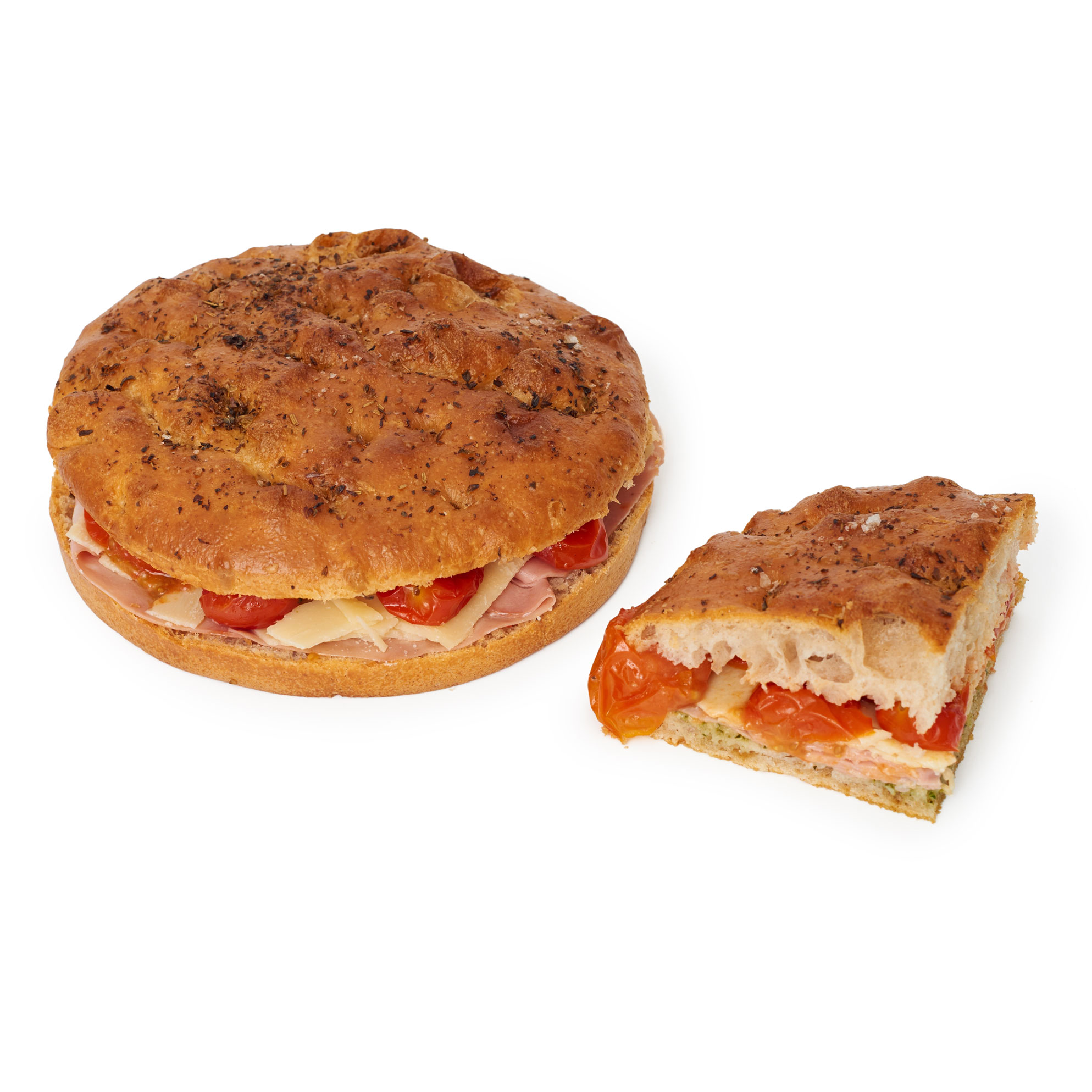 Ración de Focaccia mortadela, parmesano, tomate seco y pesto de Pastelería Mallorca